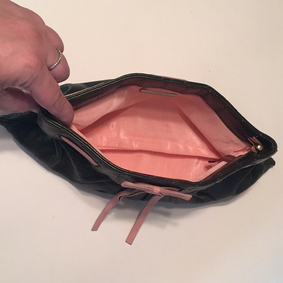 LAUREN MERKIN snap-close Black & Pink 100% LEATHER Preppy Handheld Bow Detail - Picture 3 of 8